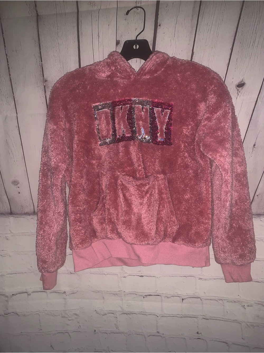 DKNY Girls Plush Pink Hooded Pullover